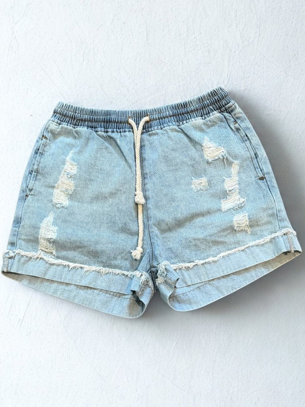 POL Distressed Jean Shorts S Light Wash Elastic Waist Boho